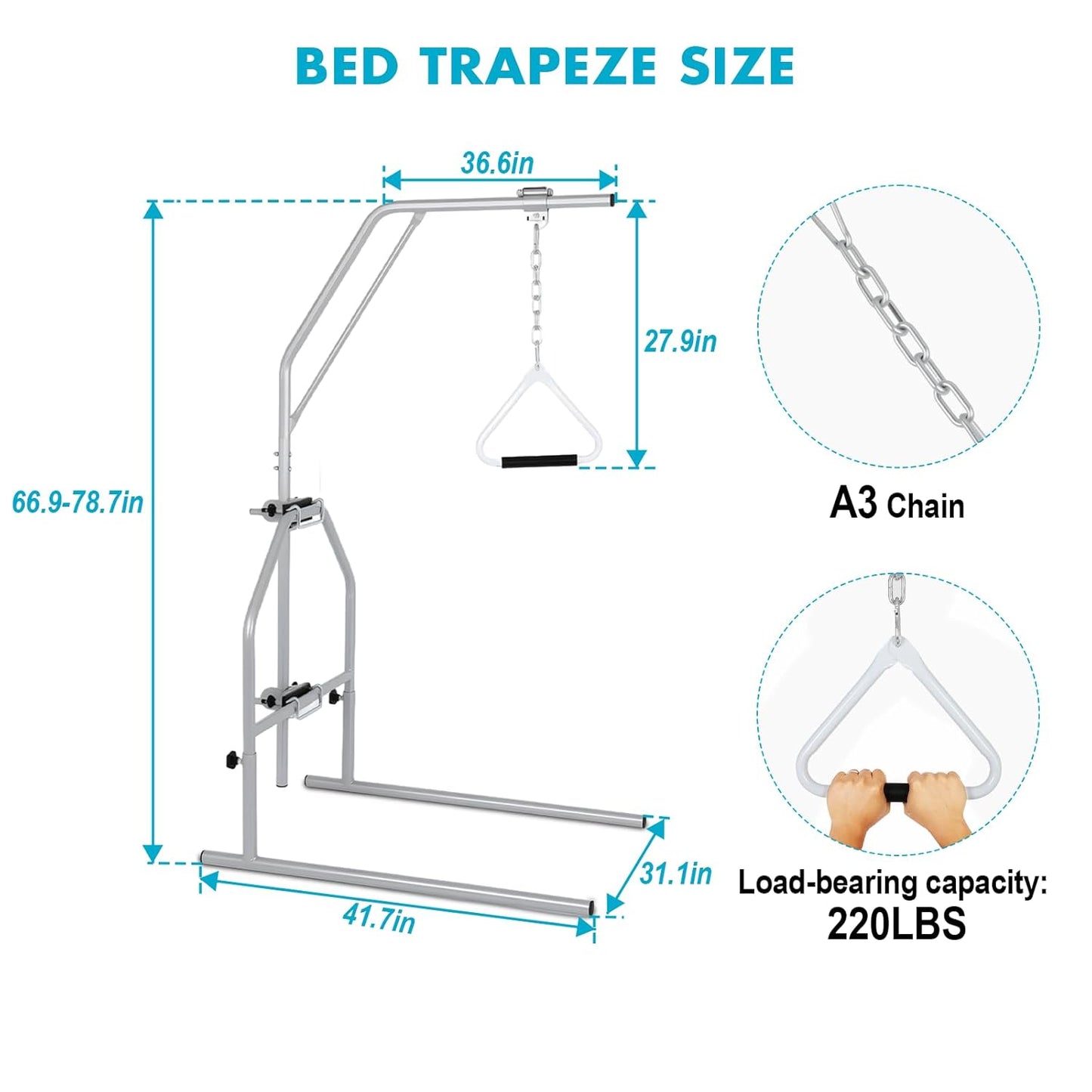 FAHKNS Heavy Duty Trapeze Bar for Bed Mobility - Adjustable Trapeze Bar，Trapeze Bars for Elderly, Post Operative & Injury Rehabilitation，Maximum Load Capacity 220 LBS
