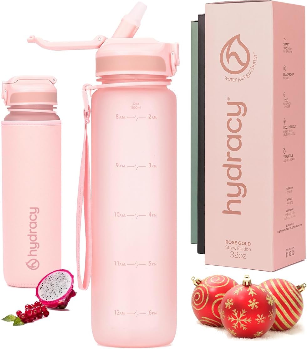 Hydracy Water Bottle with Time Marker -Large BPA Free Water Bottle & No Sweat Sleeve -Leak Proof Gym Bottle with Fruit Infuser Strainer & Times to Drink -Ideal for Fitness Sports & Outdoors