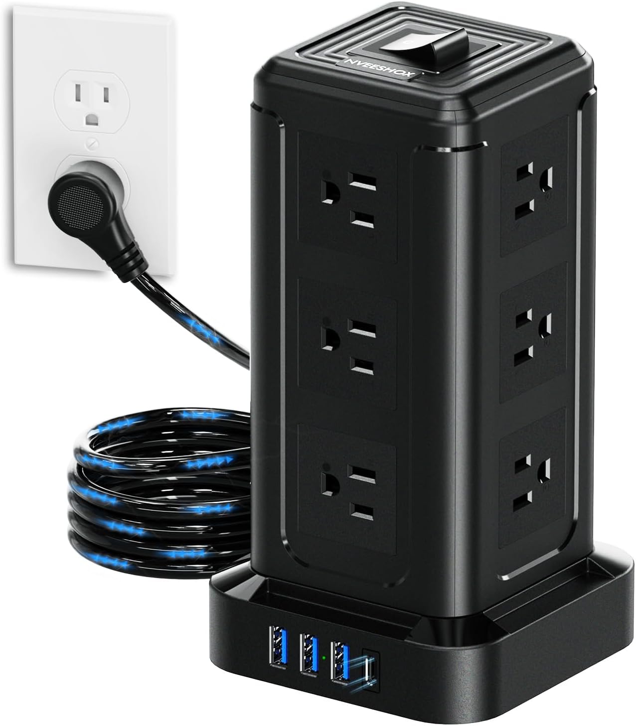 NVEESHOX Surge Protector Power Strip Tower, 10 FT Flat Plug Extension Cord with 12 AC Outlets 4 USB Ports(20W PD Type C), Charging Station with Surge Protection for Family, Office, Dorm