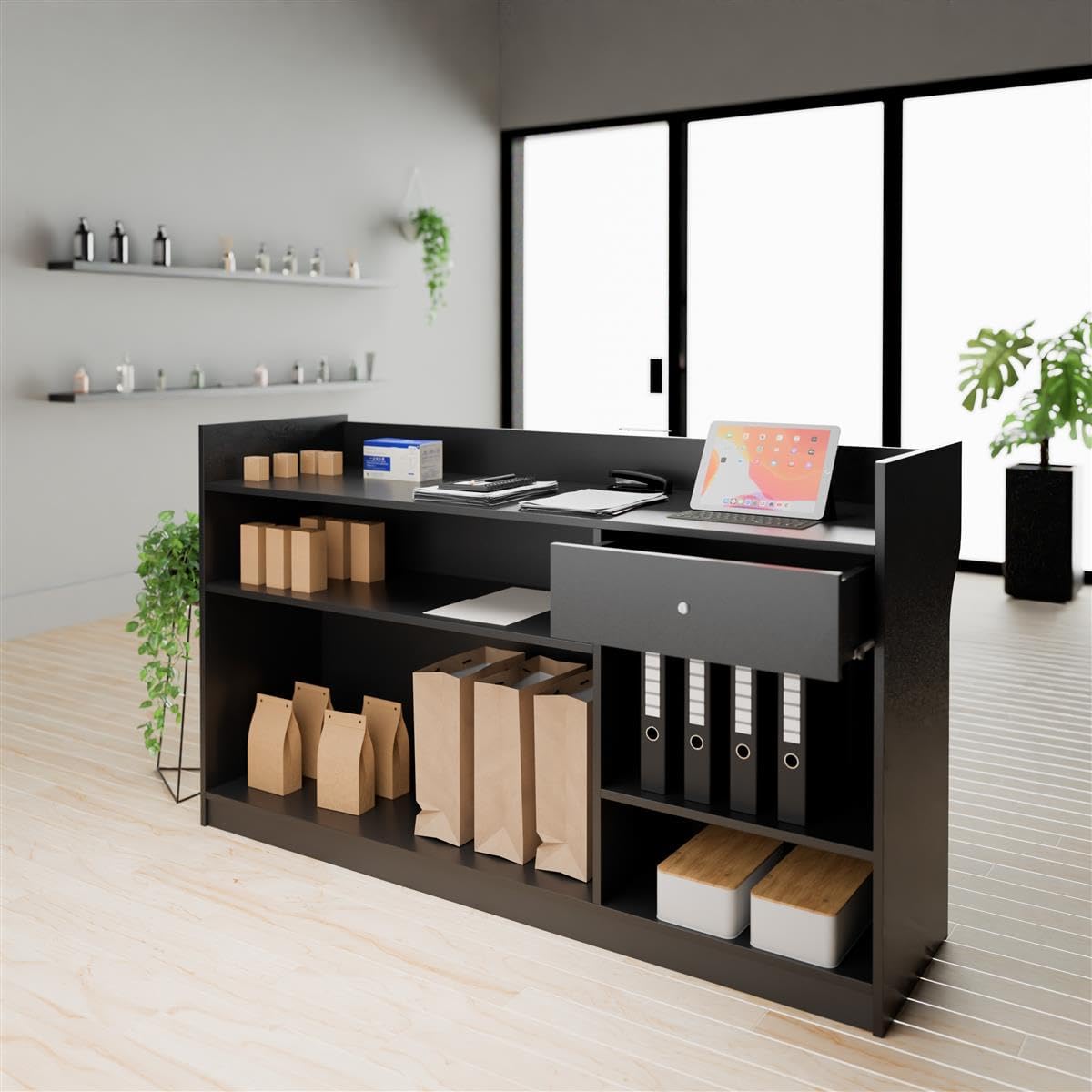 Free-Standing Black Melamine Register Stand, 72 w x 42 x 18-Inch, with Adjustable Shelves, Pull-Out Drawer, and Check Writing Area