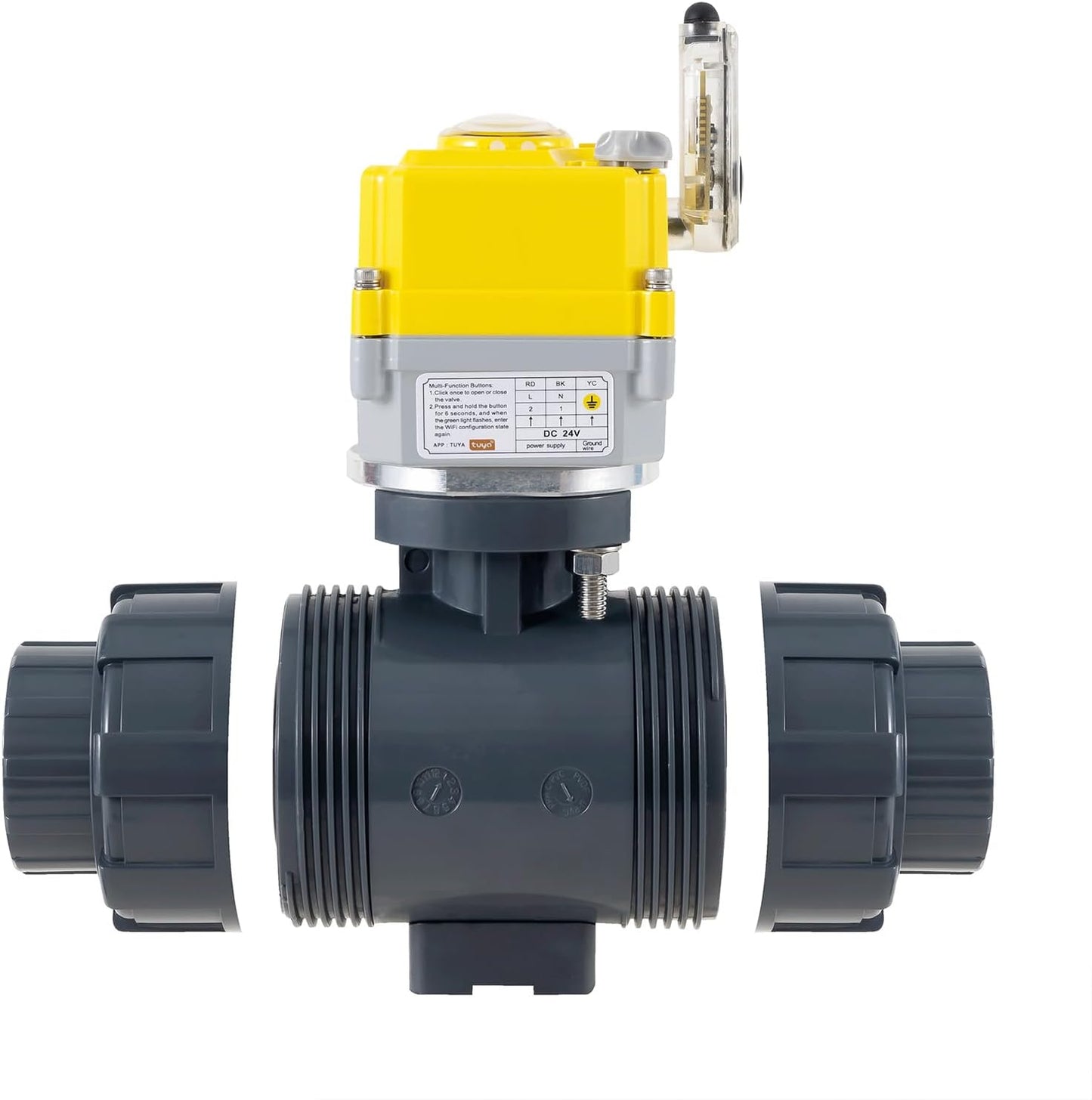 Smart electric valve 1 inch PVC joint ball valve Tuya APP smart wifi water cut-off valve DC24V AC110V-230V power adapter and power-off automatic return setting. Smart timing water valve DN25MM