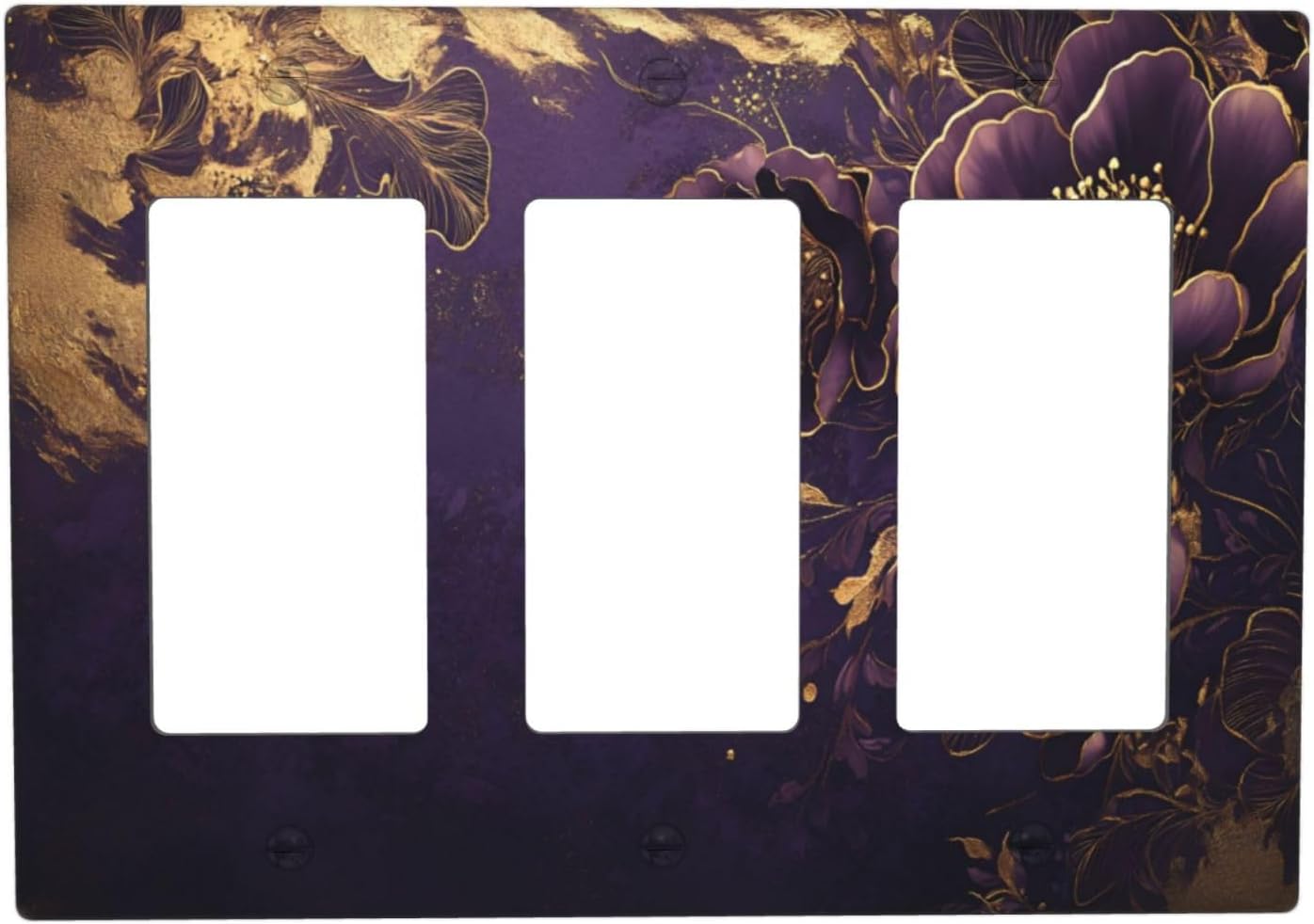 Decorative Outlet Covers Vintage Purple Peony Gold Leaf Flowers Floral 3 Gang Wall Plate Triple Rocker Light Switch Cover Plate Jumbo Electrical GFCI Face Plate for Bedroom Home Decor