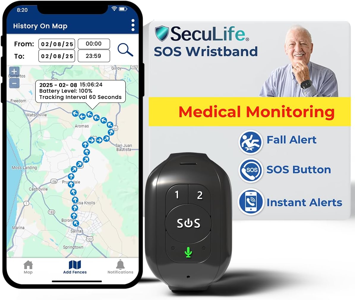 Seculife Seculife SOS Wristband – Elderly Life Saving Fall Alert System, Emergency Call Button, Assistive Speakerphone, GPS Tracking, Seniors Dementia, Alzheimer’s, 24/7 Medical Monitoring
