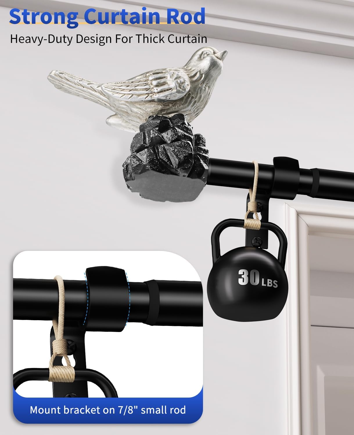 Vintage Pewter Curtain Rod 36 to 144 Inches Curtain Rods for Windows Adjustable Heavy Duty Drapery Rod with Bird Finials for Living Room Bedroom