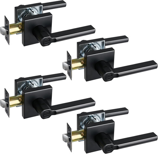 Privacy Door Lever, Heavy Duty Bathroom Bedroom Handle Lock, Keyless Interior Knobs, Matte Black, Reversible for Right&Left Handed, 4Packs