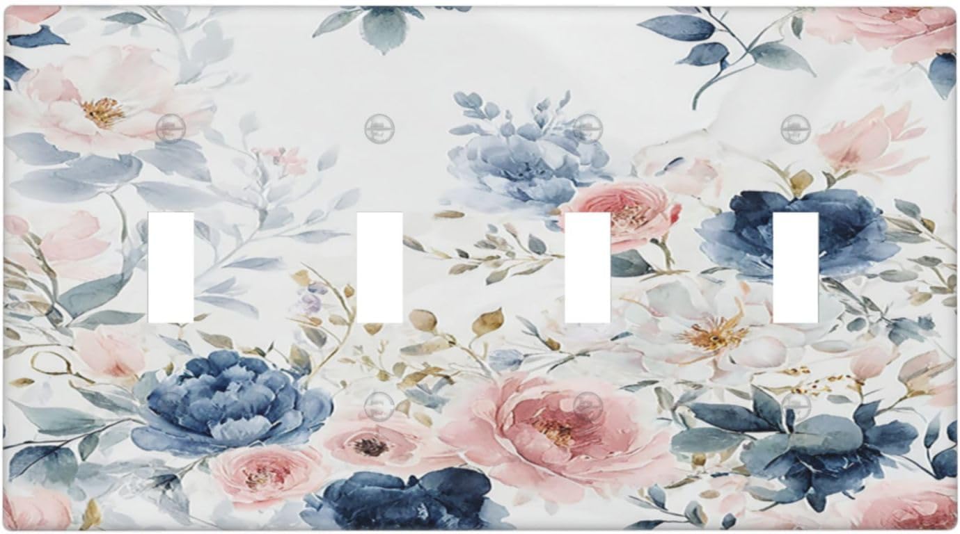 Light Switch Cover Plate Elegant Watercolor Pink Blue Flowers Floral Quad Toggle Wall Plates Decorative Switch Plates 4 Gang Outlet Covers Electrical Panel Cover Faceplate for Home Decor 4.5 X 8 IN