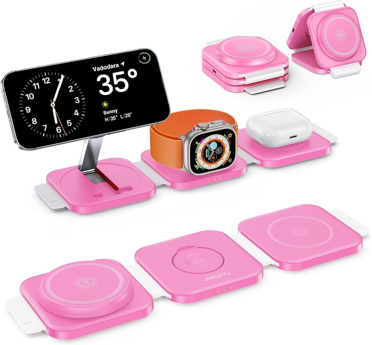 JARGOU 3 in 1 Magnetic Wireless Charger, Fast Charging Station for iPhone 16/15/14/13/12 Series, Travel Charger for Multiple Devices for AirPods 4/3/2/Pro, Charging Stand for Apple Watch Series (Pink)