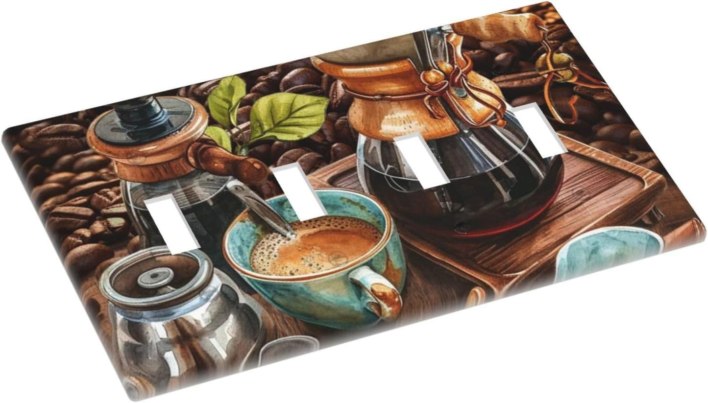 Decorative Light Switch Cover Plate Retro Coffee Maker Beans Cup 4 Gang Wall Plate Oversized Quad Toggle Switch Cover Plate Jumbo Faceplate for Kirchen Home Decor