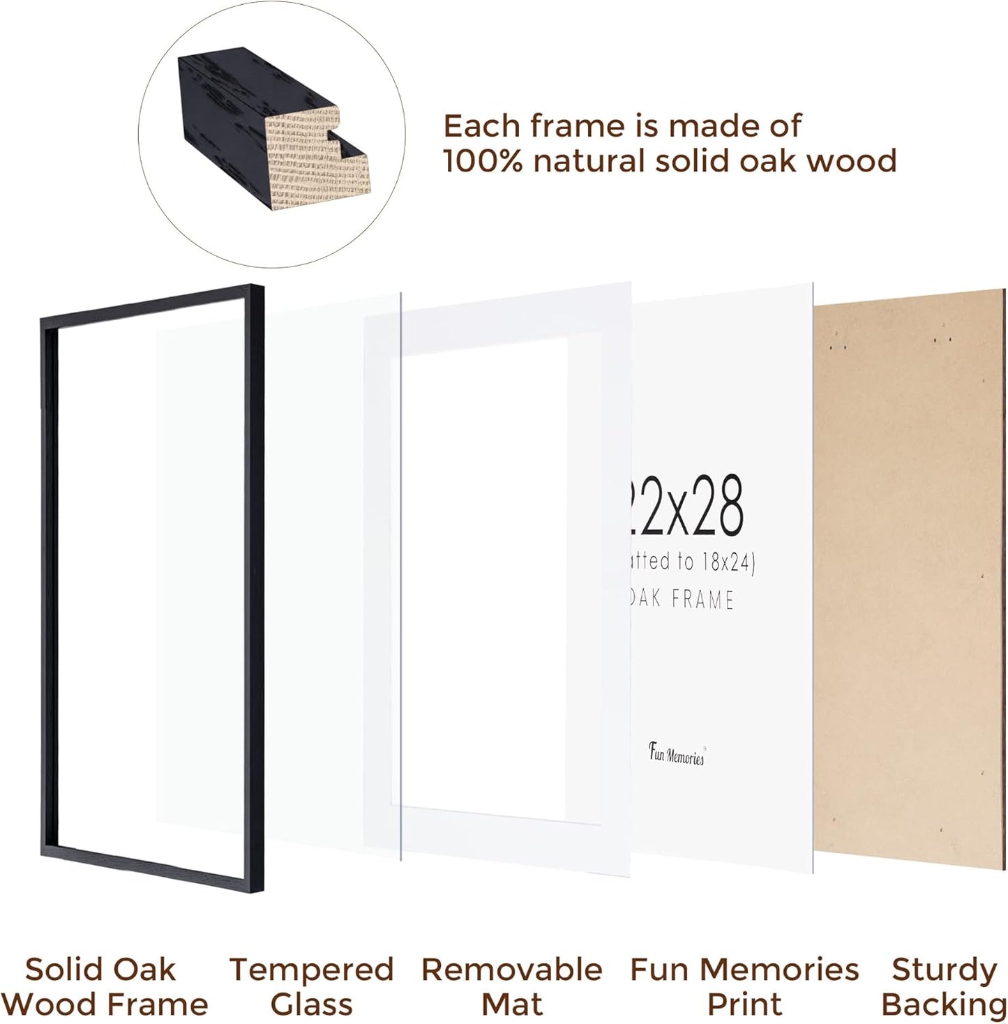 22x28 Black Picture Frame, 22x28 Poster Frame - Solid Oak Wood and Tempered Real Glass, 22x28 Frame with Mat for 18x24, Black Wood Frame 22 by 28, 22"x28" Art Frame
