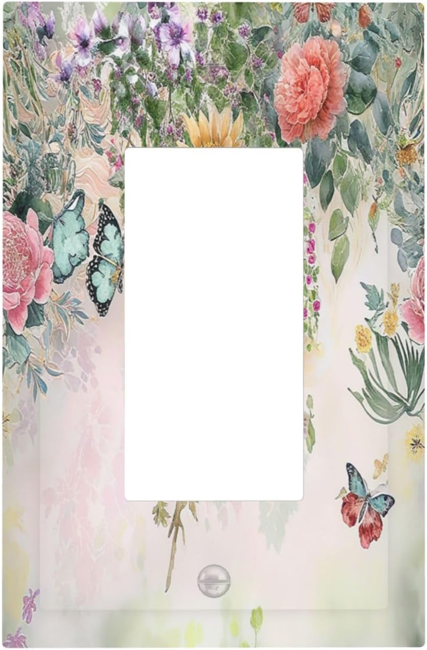 Outlet Covers Rustic Floral Watercolor Flower Blossom Butterfly 1 Gang Wall Plates Single Rocker Light Switch Covers Decorative Switch Plates Electrical GFCI Panel Covers for Home Office 5 X 3 IN