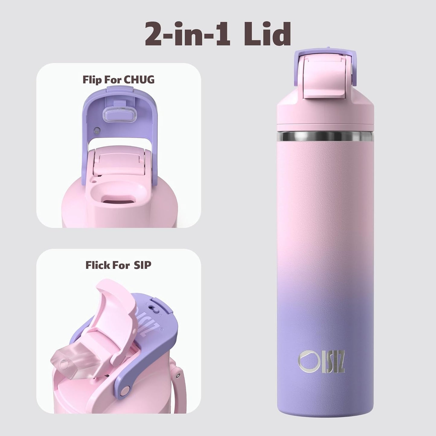 OISIZ Insulated Water Bottle 24 oz with 2 in 1 Spout and Straw Lid,One Click Safety Lock,100% Leakproof,Keep Cold 24H,Vacuum Stainless Steel Water Bottle for School,Travel and Sports,Dishwasher Safe