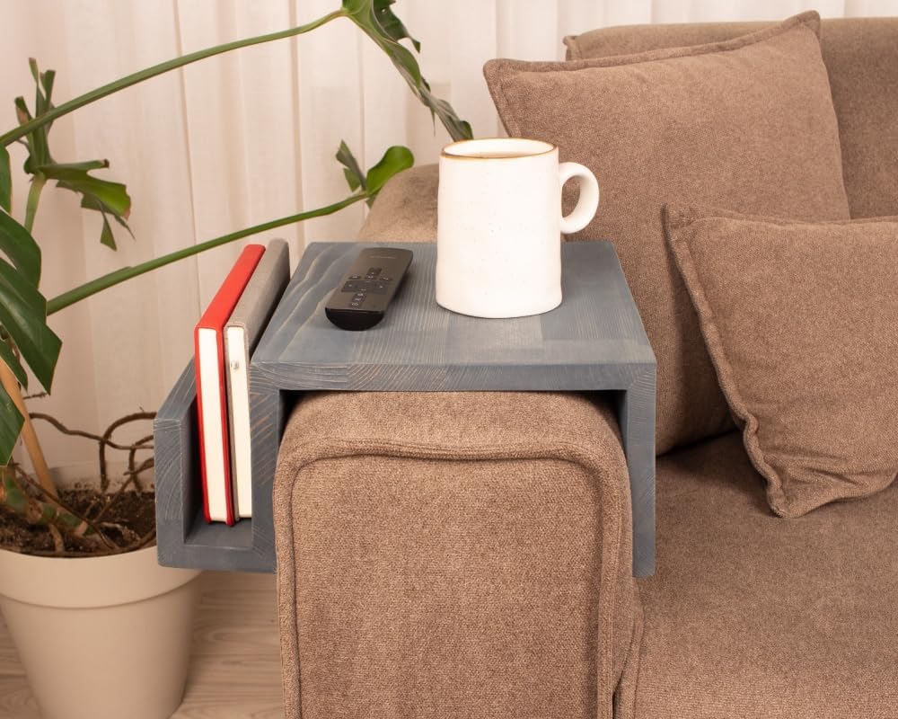Wooden Couch Arm Tray – Sofa Armrest Table with Book & Magazine Holder, Perfect for Coffee & Remote Control, Solid Wood (Monaco)