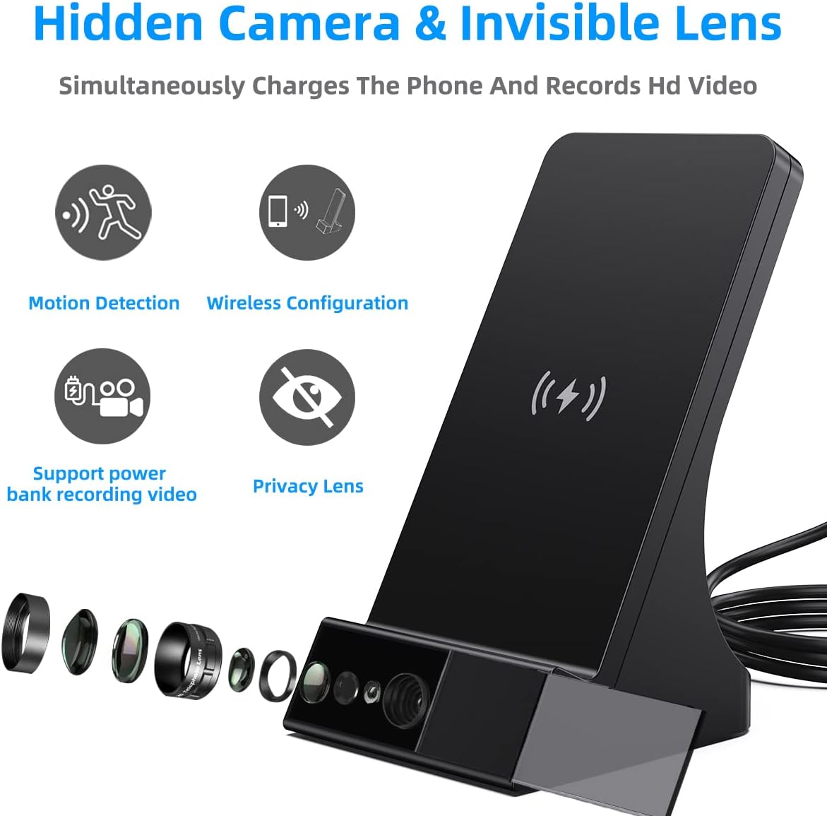 LIZVIE Phone Charger, 120° Wide-Angle View App Control/Motion Detection/Night Vision/Loop SD Storage Wireless Charging 2.4G WiFi Nanny Cam for Office Indoor Security.