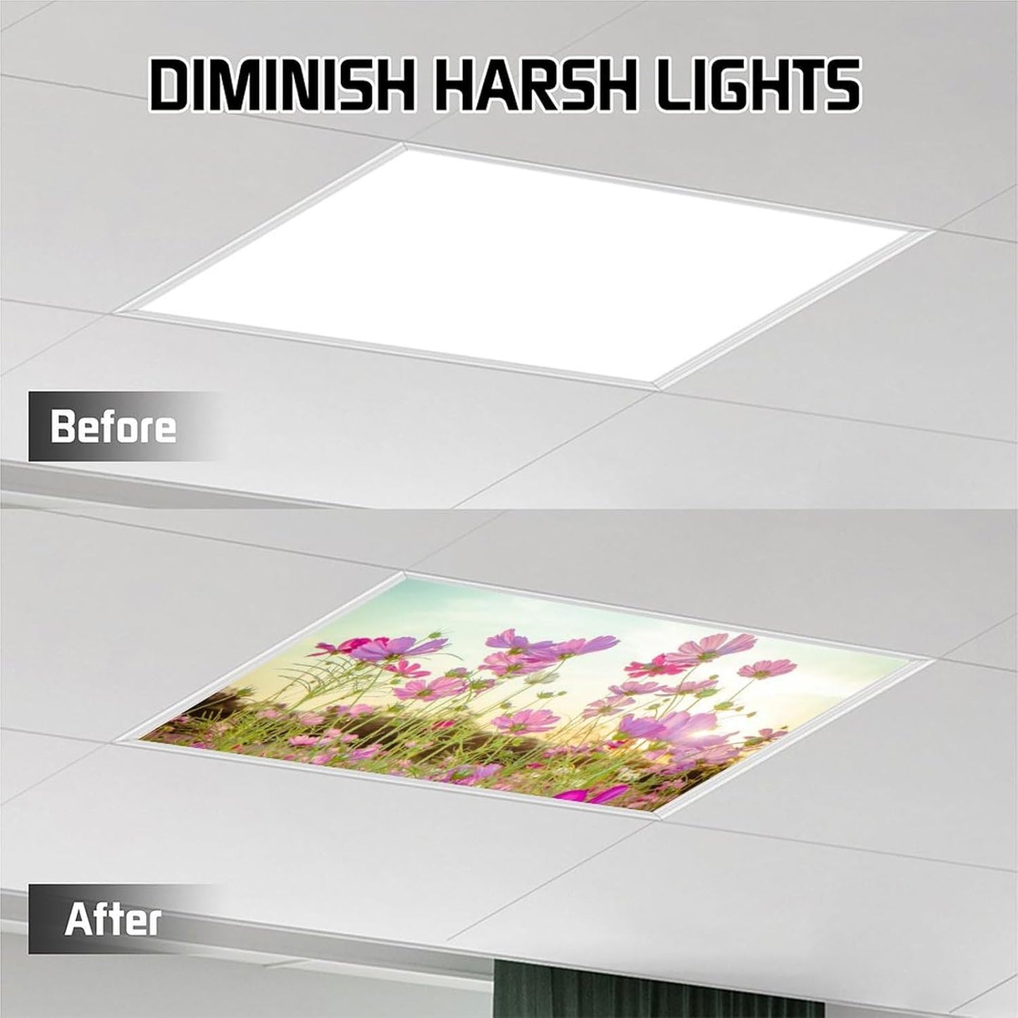 2PCS Fluorescent Light Cover for Ceiling Light Flower Patten Magnetic Light Cover Fluorescent Light Shade Panel,Decorative Film Filter for Reducing Harsh Glare Flicker Home School Office Decorations