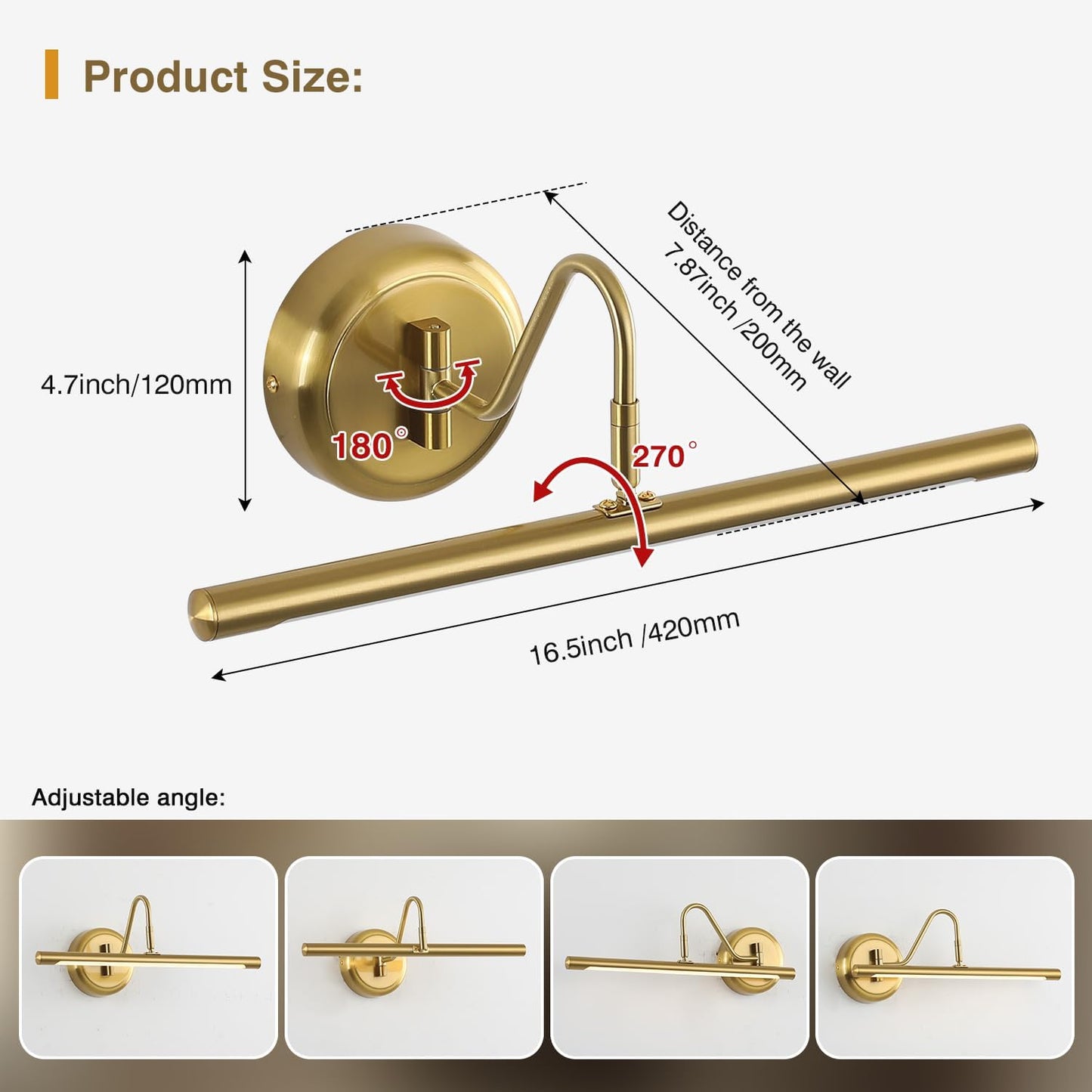 JOOSENLUX Gold Picture Lights for Paintings Hardwired 16.5" Inch Long Dimmable Gallery Wall Lights with Adjustable Lighting Direction 110V 3000K