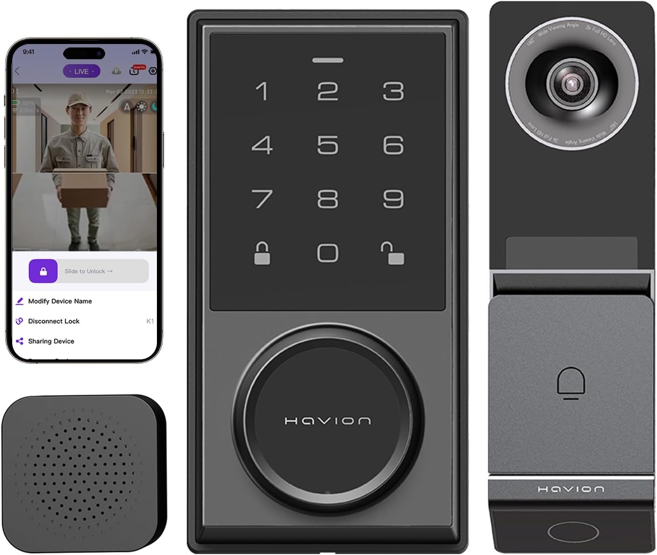 Wireless Video Doorbell w/ Smart Lock Set - Incl. Chime, Dual Cameras, 5MP 3K QHD, 2'' Screen & 32GB eMMC, Motion Detection & Real-time Alert, 2-way Audio, Door Bell and Keyless Entry Front Door Lock