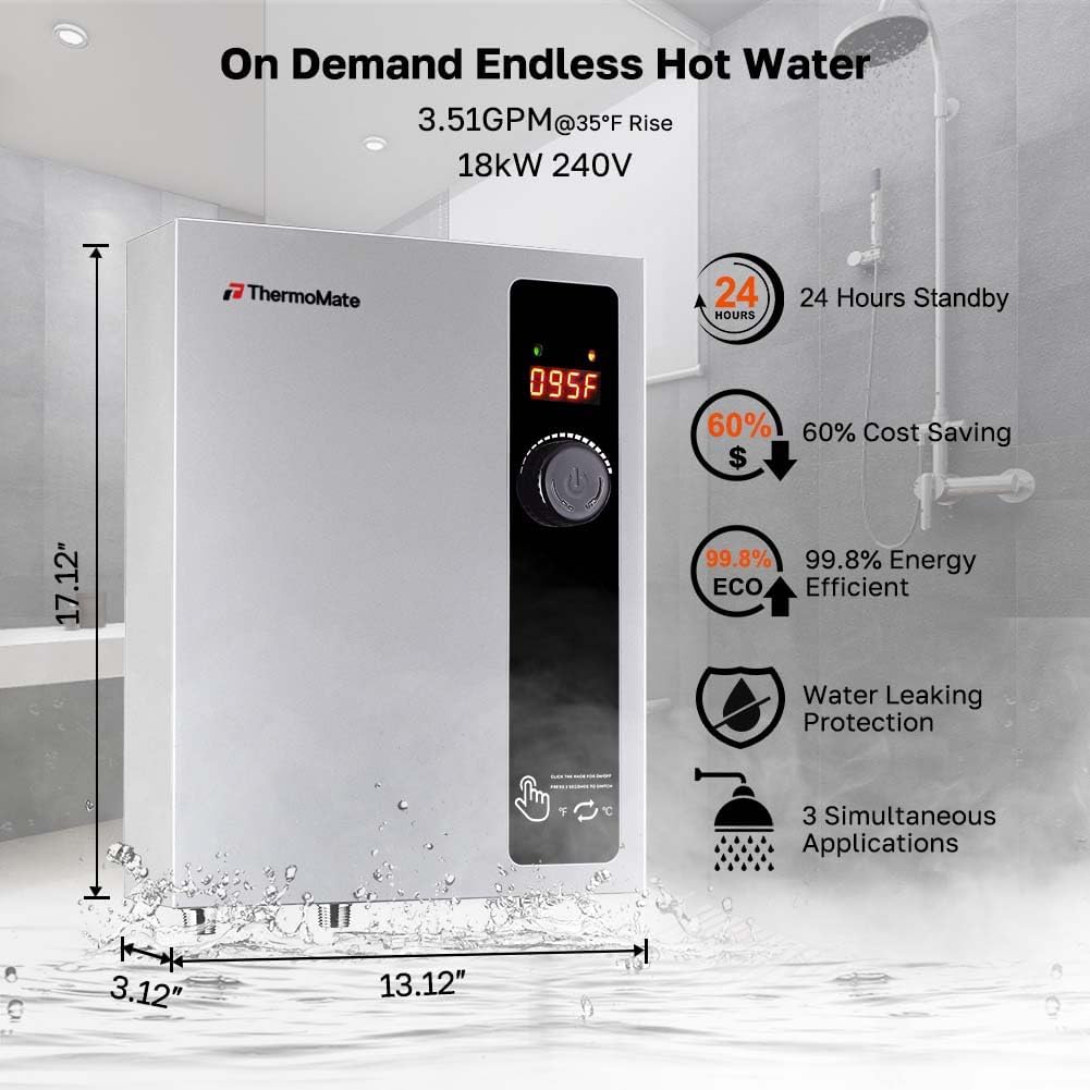 Tankless Water Heater Electric 18kW at 240 Volt, ThermoMate On Demand Instant Hot Water Heater Up to 4.4GMP, Self-Modulating Energy Saving for Residential Indoor Shower, Draw 76Amp