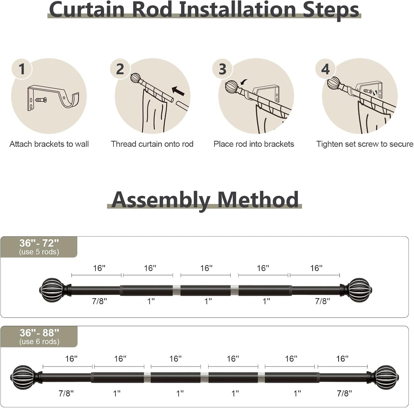 Black Curtain Rods for Windows 48 to 84 Inch, 1'' Adjustable Heavy Duty Curtain Rod，Vintage Decorative Drapery Rods with Pumpkin Finials for Bedroom Living Room