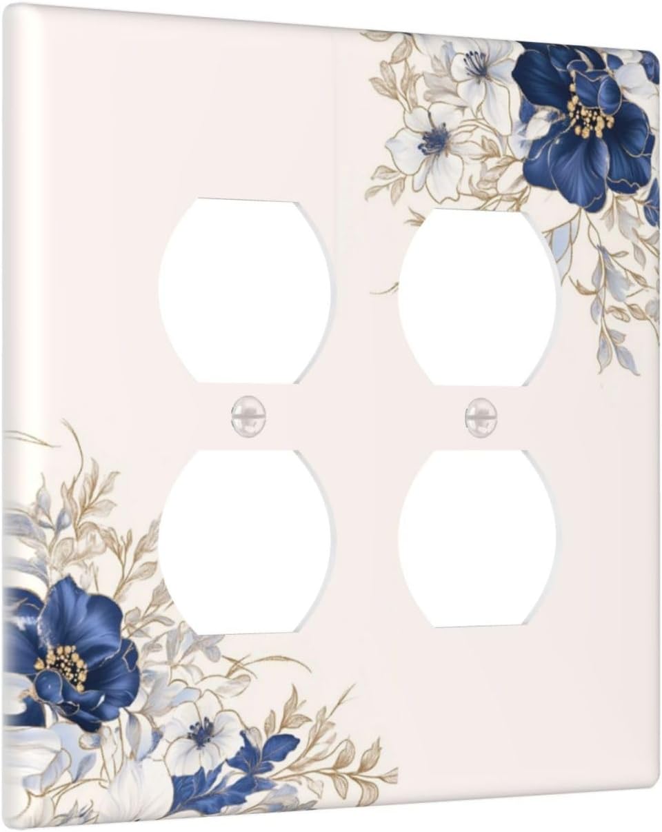 Decorative Outlet Covers Rustic Blue White Flowers Floral Penoy 2 Gang Wall Plate Cover Double Duplex Receptacle Two Switch Light Switch Cover Plate Jumbo Dual Face Plate