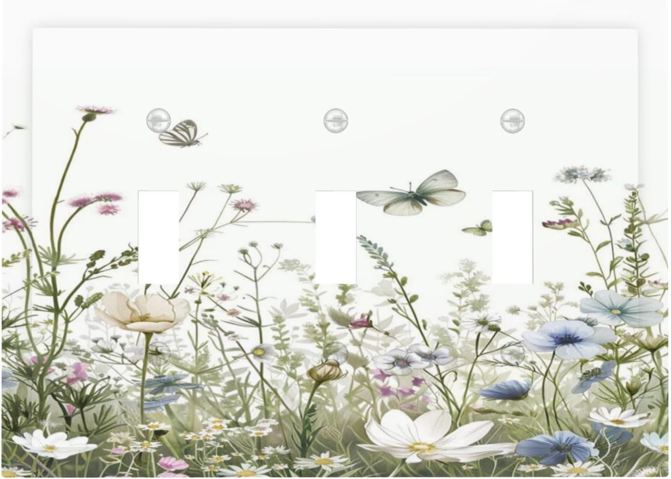 Colorful Wildflowers Daisy Plant Butterfly Floral Decorative Switch Plates 3 Gang Wall Plate Triple Toggle Light Switch Cover Faceplate Electrical Wall Panels for Bed Room Living Room Decor
