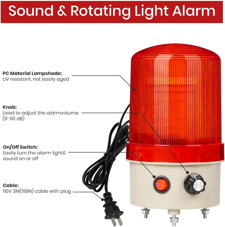 Industrial LED Rotating Warning Light, AC110V Beacon Strobe for Public Emergency Alarms, Siren Light with Volume Adjustment and Switch for Construction, Traffic, Factory, Safety Sign, Boat
