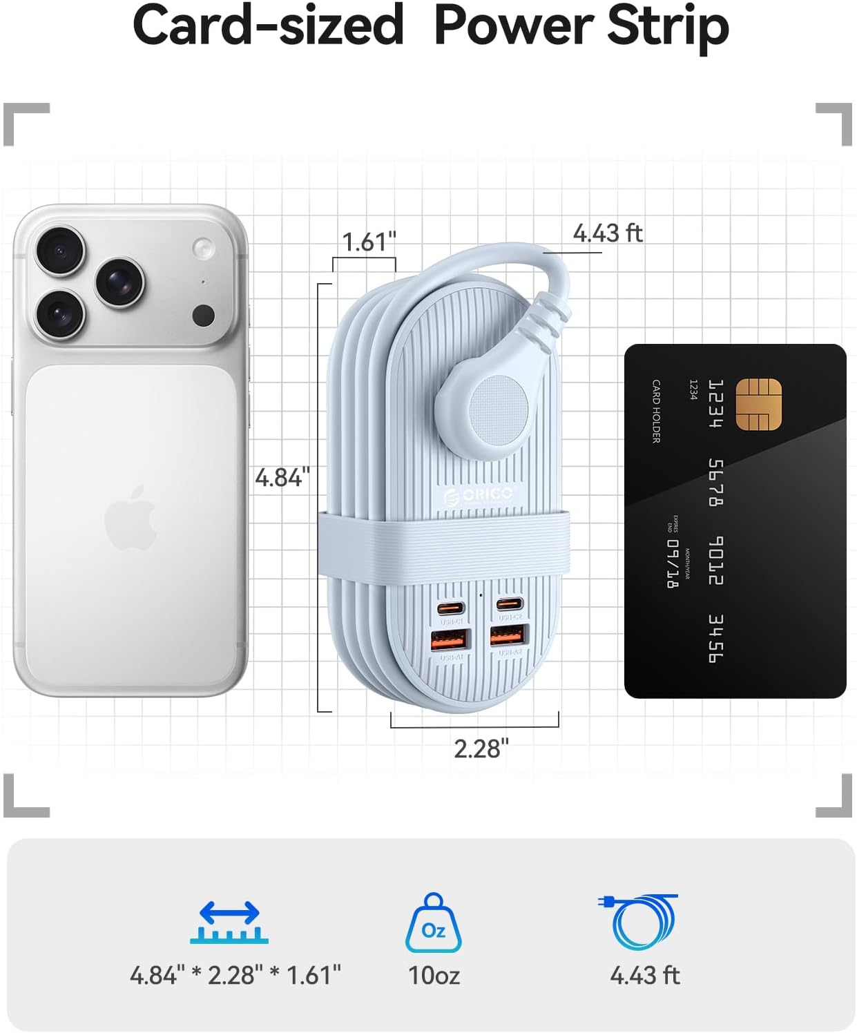 ORICO 65W USB Travel Power Strip, 7 in 1 Charging Station with 3AC, 2 USB-A, 2 USB-C, Flat Plug and 4ft Thin Extension Cord, Fast Charger for MacBook, iPad, iPhone 17/16/15 - TK65