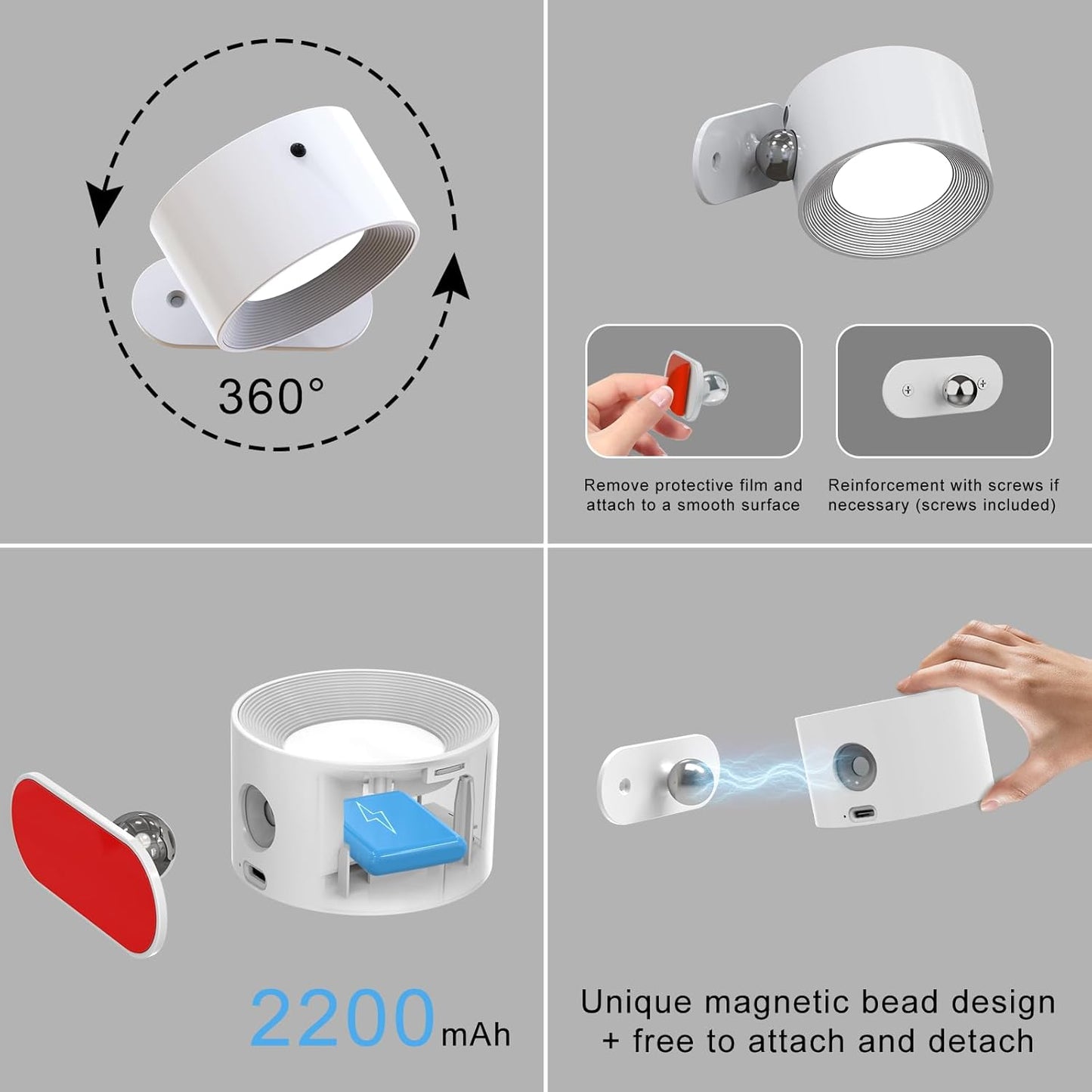 Koopala 3PACK Rechargeable LED Wall Sconce, Cordless Battery with Remote, Powered Wall Sconce, 3 Brightness Levels, 360° Swivel Magnetic Shade for Bedrooms, Hallways, Den and Reading Spaces（White）