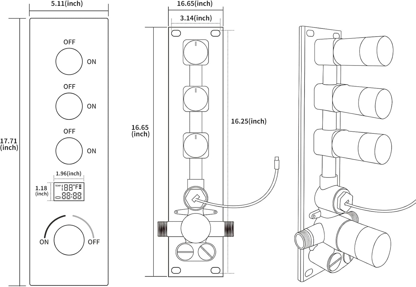 Triple Function Shower Diverter Digital Display Shower Mixer Valve Kit Replacement Temperature Control Valve with Individual On Off Flow Control Shower Valve, Brushed Nickel