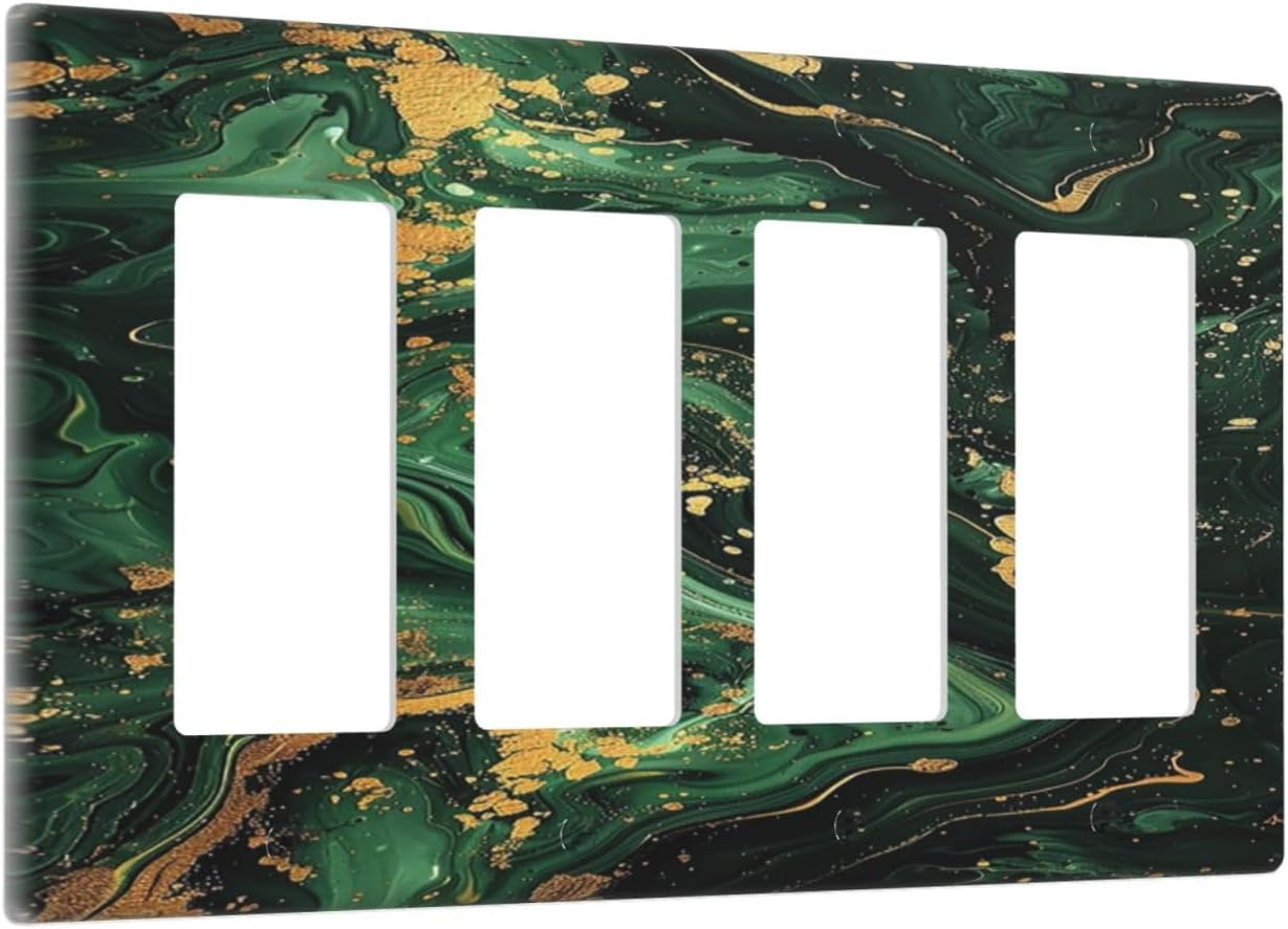Green/Gold Modern Abstract Luxury Marble 4 Gang Wall Plates Outlet Covers Quad Rocker Light Switch Cover Plate Decorative Switch Plates GFCI Electrical Faceplate for Bathroom Bedroom 4.5 X 8 IN