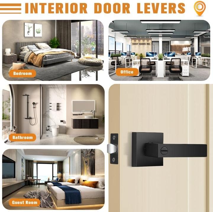 Probrico Interior Black Door Handle, Heavy Duty, Flat Square Privacy Door Handles, Keyless Door Levers Lockset for Bedroom and Bathroom (8 Pack, Modern)