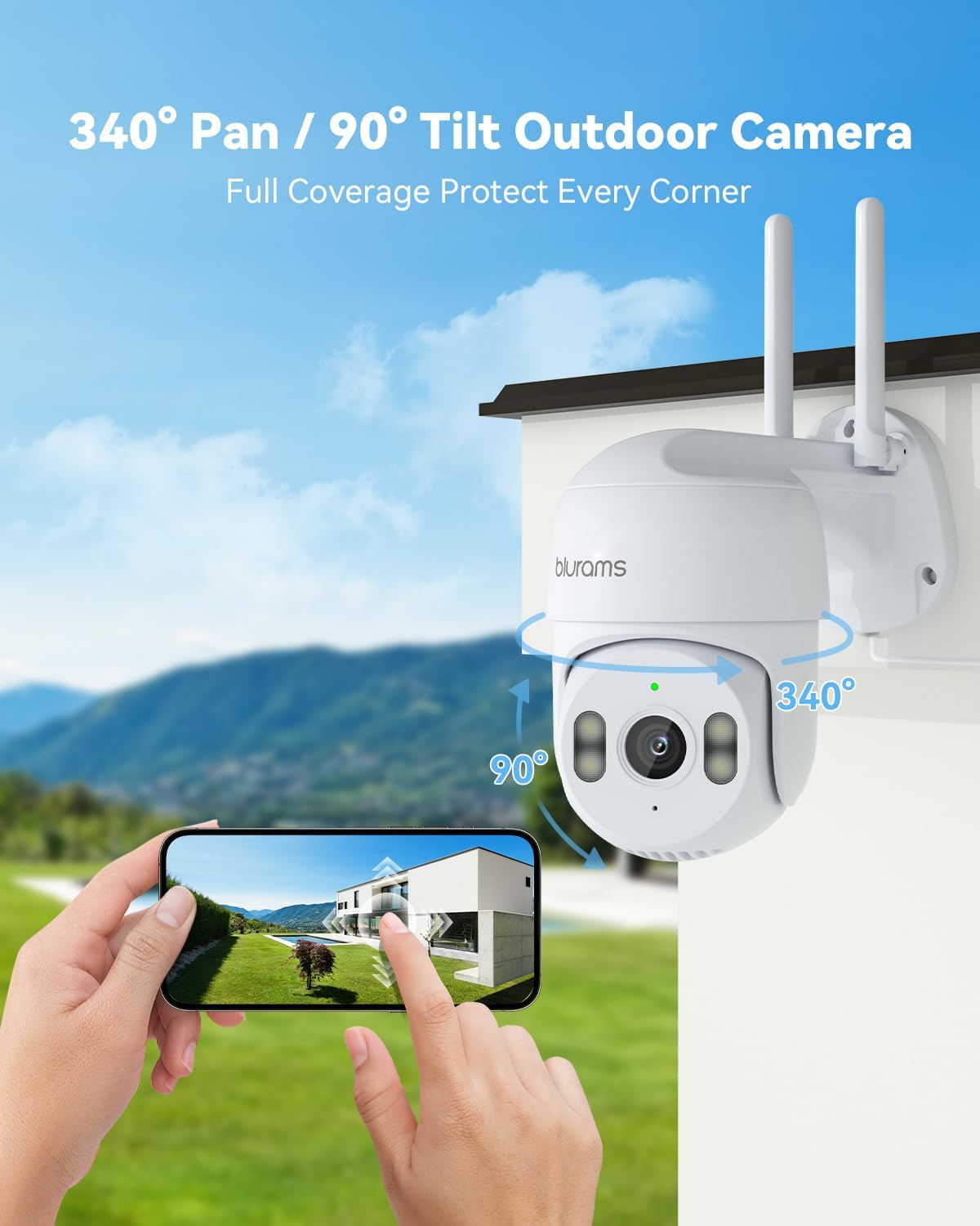 blurams 2K Security Camera Outdoor, Pan-Tilt Outdoor Camera Wired w/360° View, Motion Tracking, 2.4/5GHz WiFi 6, 2-Way Audio, Weatherproof, Free Person/Motion Detection, 24/7 Recording 2Pack