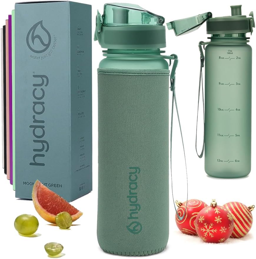 Hydracy Water Bottle with Time Marker -Large BPA Free Water Bottle & No Sweat Sleeve -Leak Proof Gym Bottle with Fruit Infuser Strainer & Times to Drink -Ideal for Fitness Sports & Outdoors
