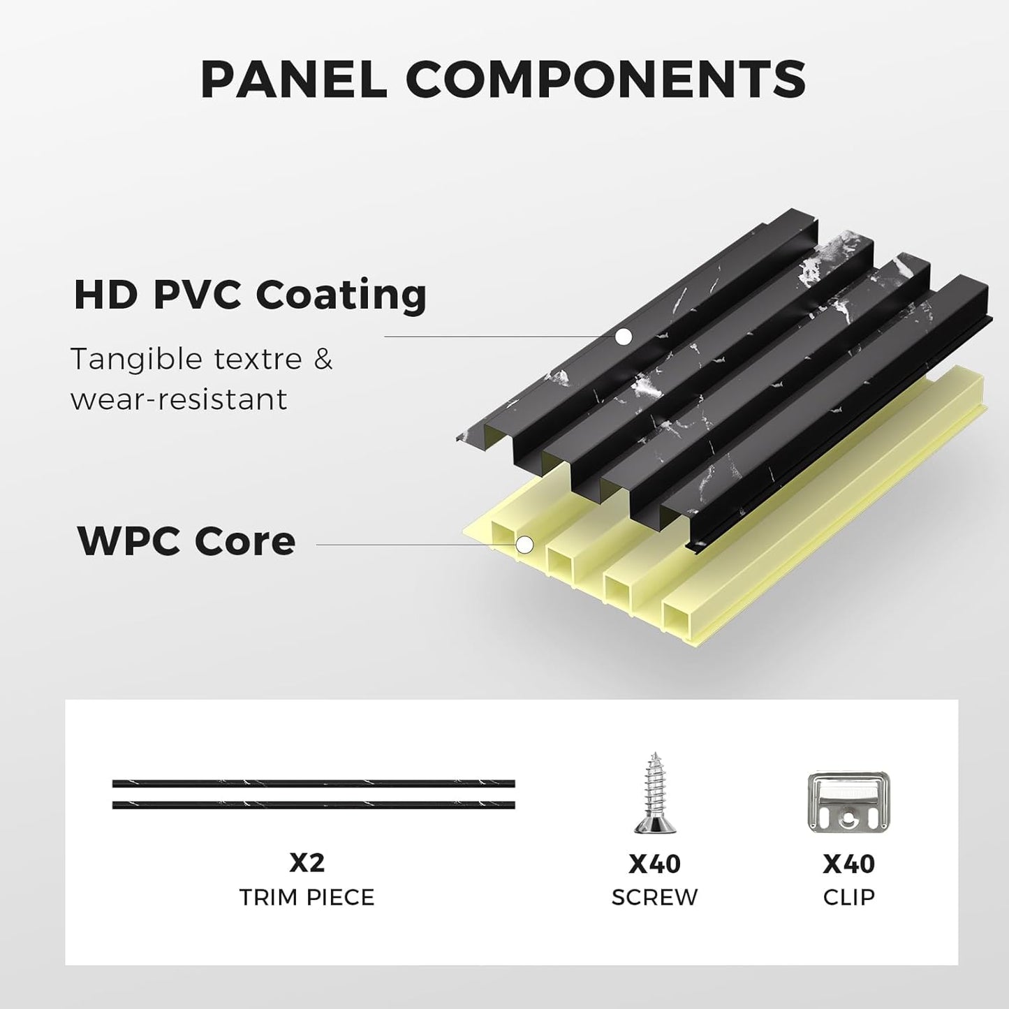 OUZUGIE WPC Acoustic Slat Wall Paneling, 8-Pack 114 x 6 Inches 3D Wall Panels for Interior Wall Decor,Living Room,TV Background,Study Room,Office Spaces,Bedroom,High Grille (Black Marble-1)