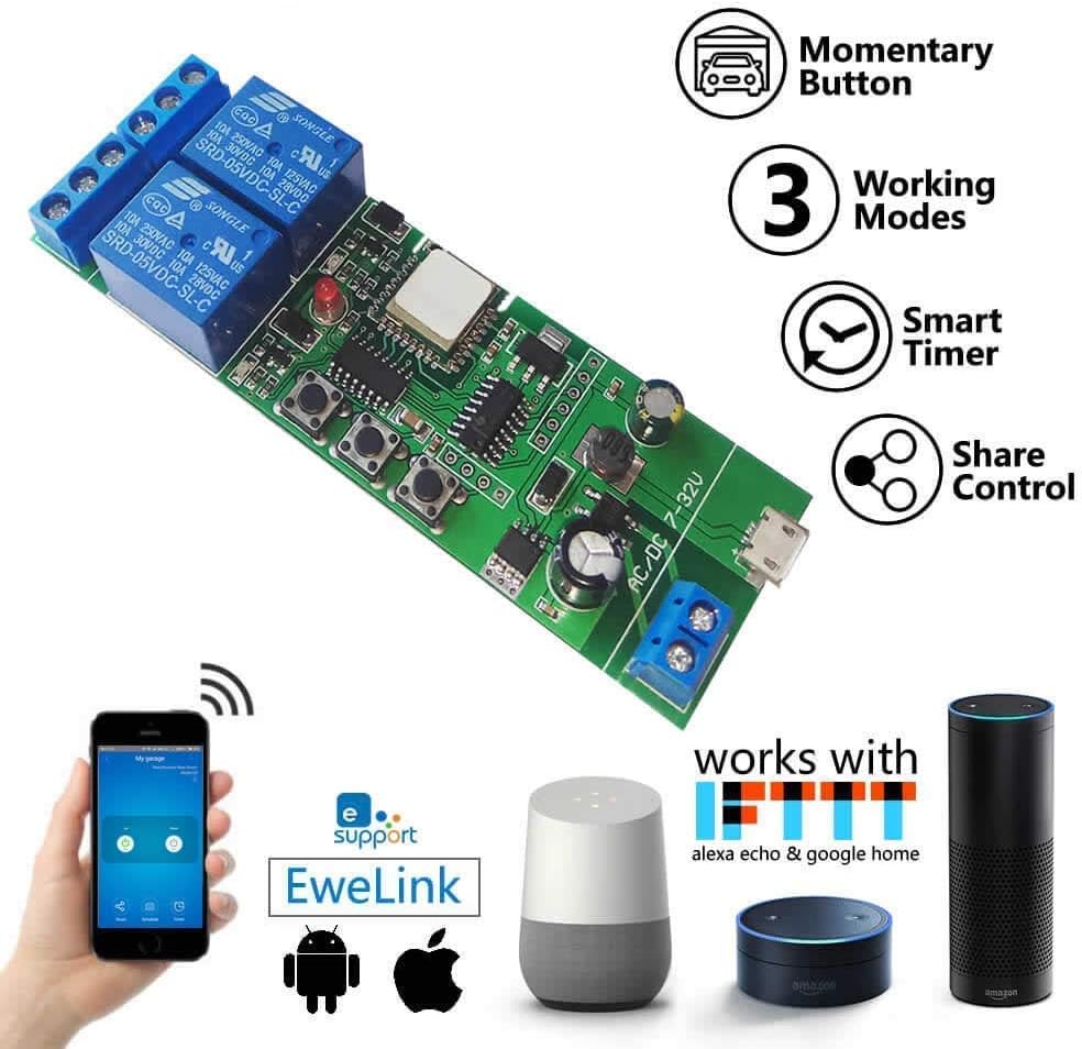 Wireless Jog Relay momentary/self-Locking Switch Module DIY Smart Home Remote Control WiFi Relay Switch Ewelink App Compatible with Alexa Echo Google Home IFTTT (DC2)