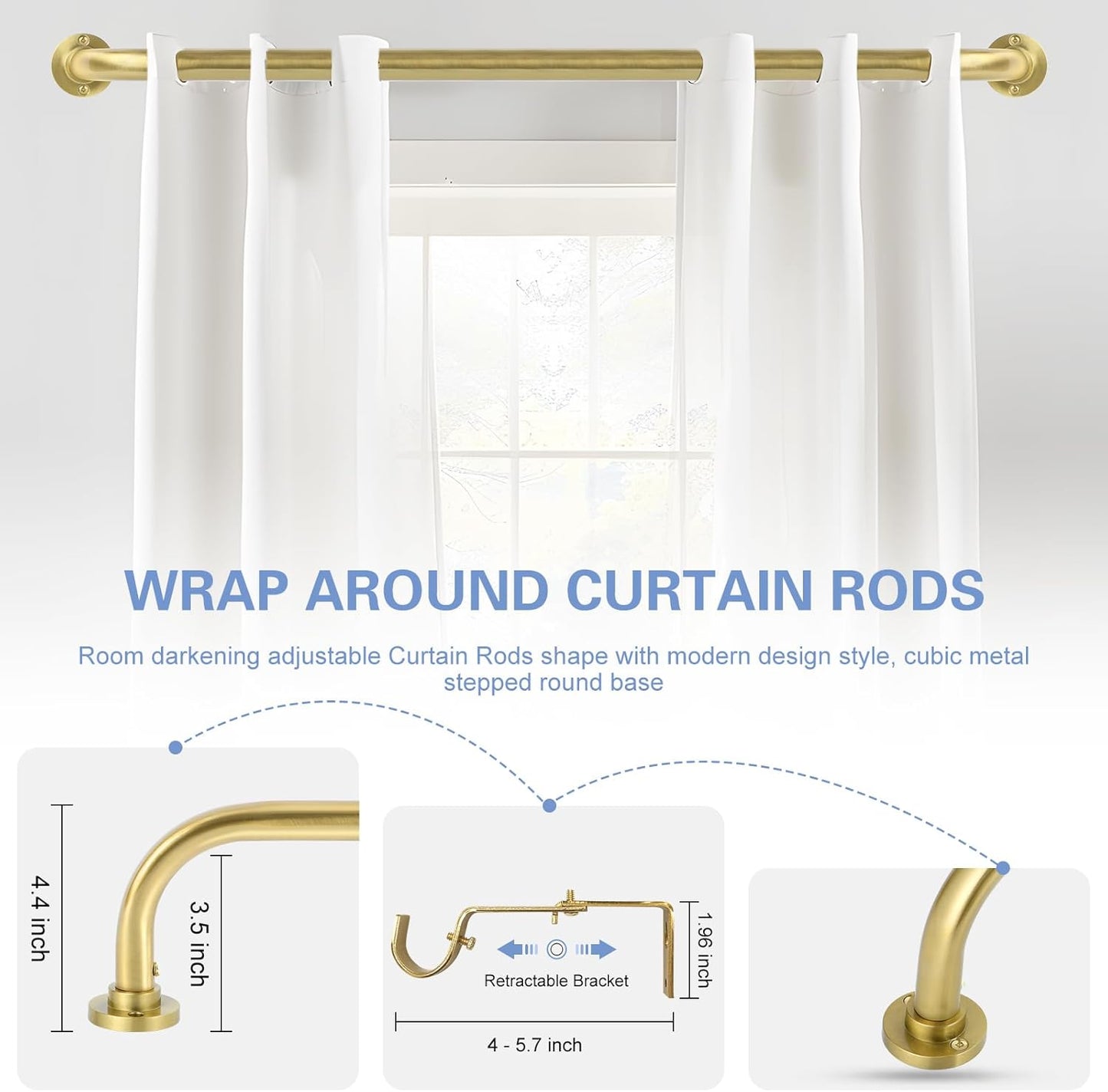 Gold Wrap Around Curtain Rods 66 to 120 Inch:Blackout Heavy duty Adjustable Window Curtain Rod for Bedroom,Industrial Darkening Curved French Metal Single Drapery Rods Easy Install,Brass Gold