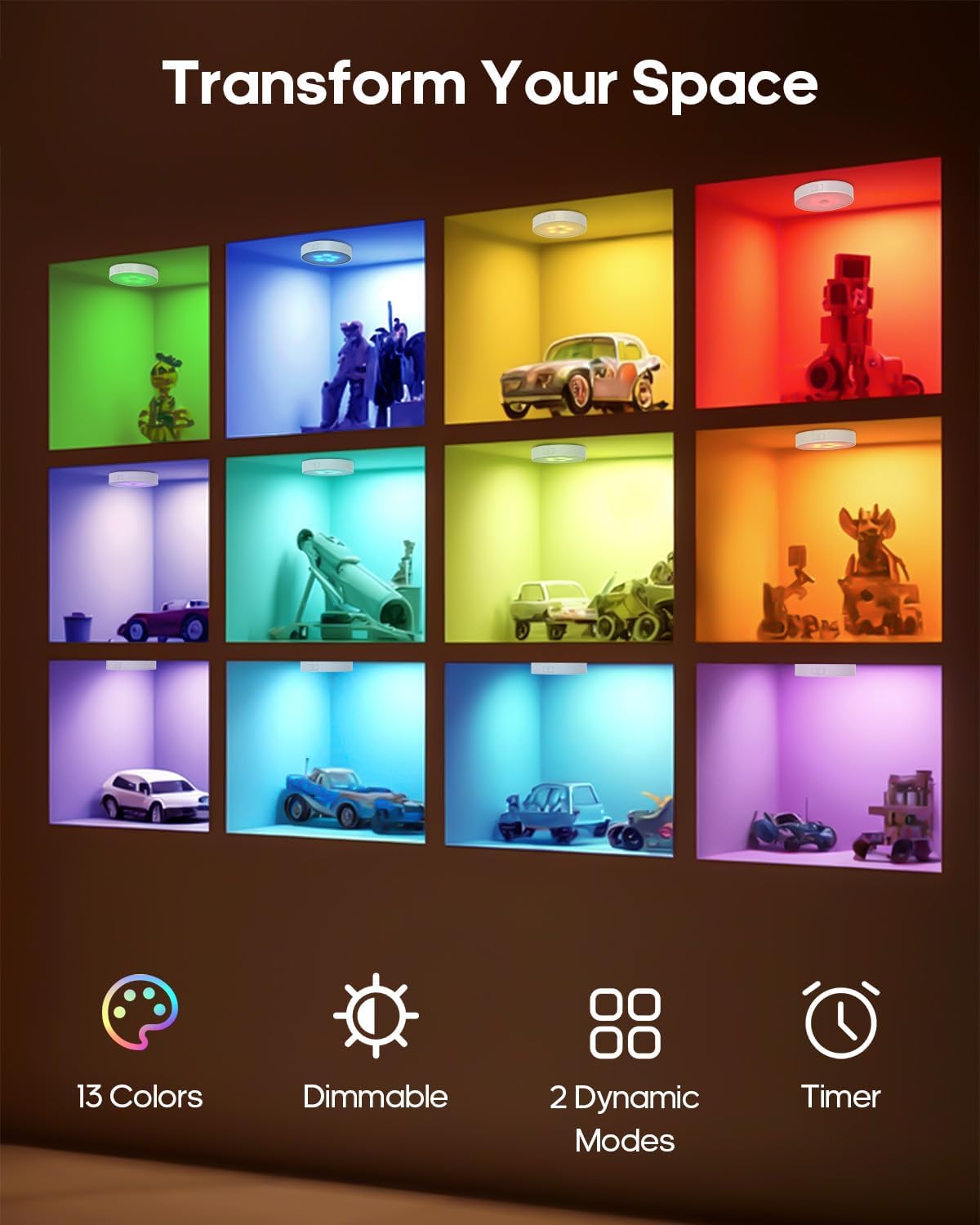 6-Pack RGB Rechargeable Puck Lights with Remote, 13 Color Motion Sensor Puck Lights, Magnetic Stick on Light, Dimmable Under Cabinet Lights for Shelf, Bedroom, Kitchen