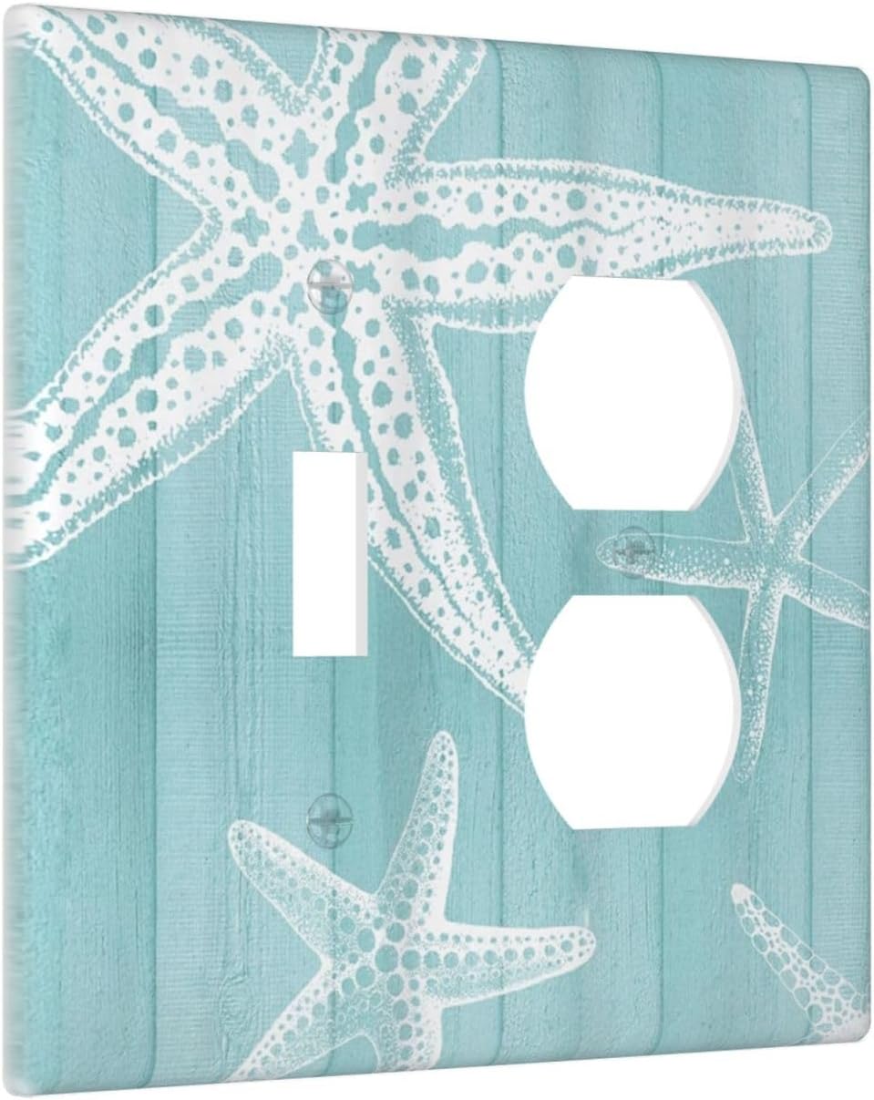 Decorative Outlet Covers Starfish Teal Wood Board Nautical 2 Gang Light Switch Cover Plate Single Toggle Duplex Wall Plates for Electrical Outlets Switch Plate Covers for Bedroom Home Decor