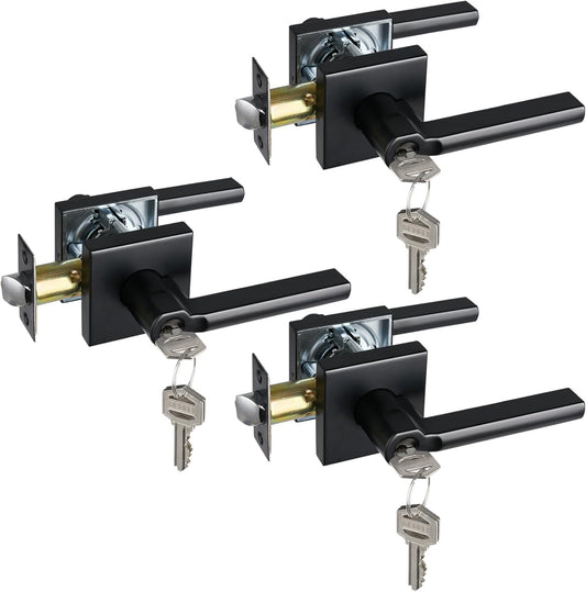 Keyed Entry Door Lever with Lock, Heavy Duty Square Interior Handle for Front Door and Office, Matte Black, Reversible for Right&Left Handed, 3Packs