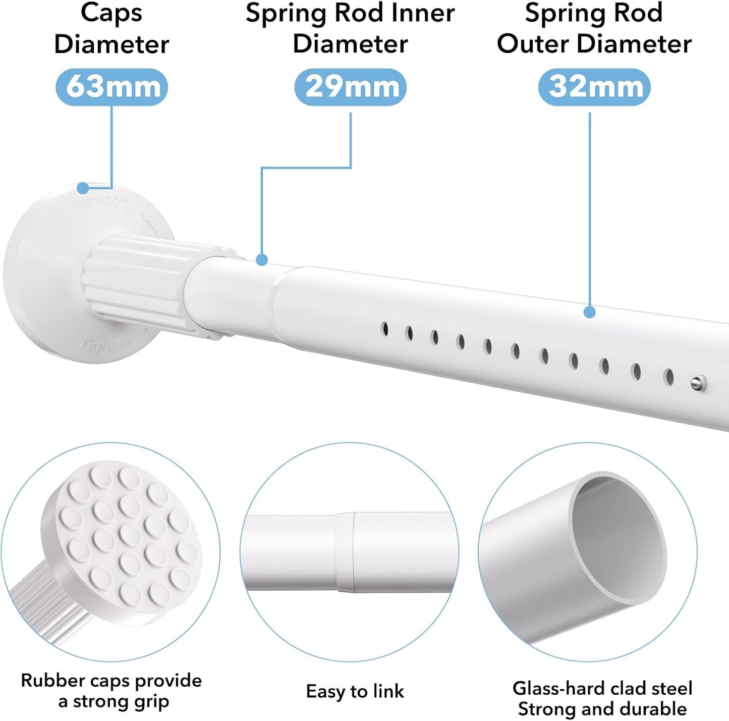 Tension Curtain Rod 51–128 In (4.25–10.67 ft),Extra Long Outdoor Curtain Rod for Window or Bathroom Patio,Easy to Install No Drilling Never Rust,Heavy Duty Adjustable Spring Shower Rod