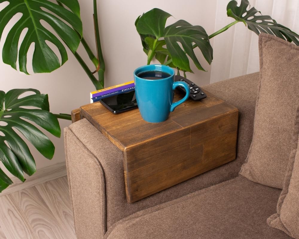 Wooden Couch Arm Tray – Sofa Armrest Table with Book & Magazine Holder, Perfect for Coffee & Remote Control, Solid Wood (Vancouver)