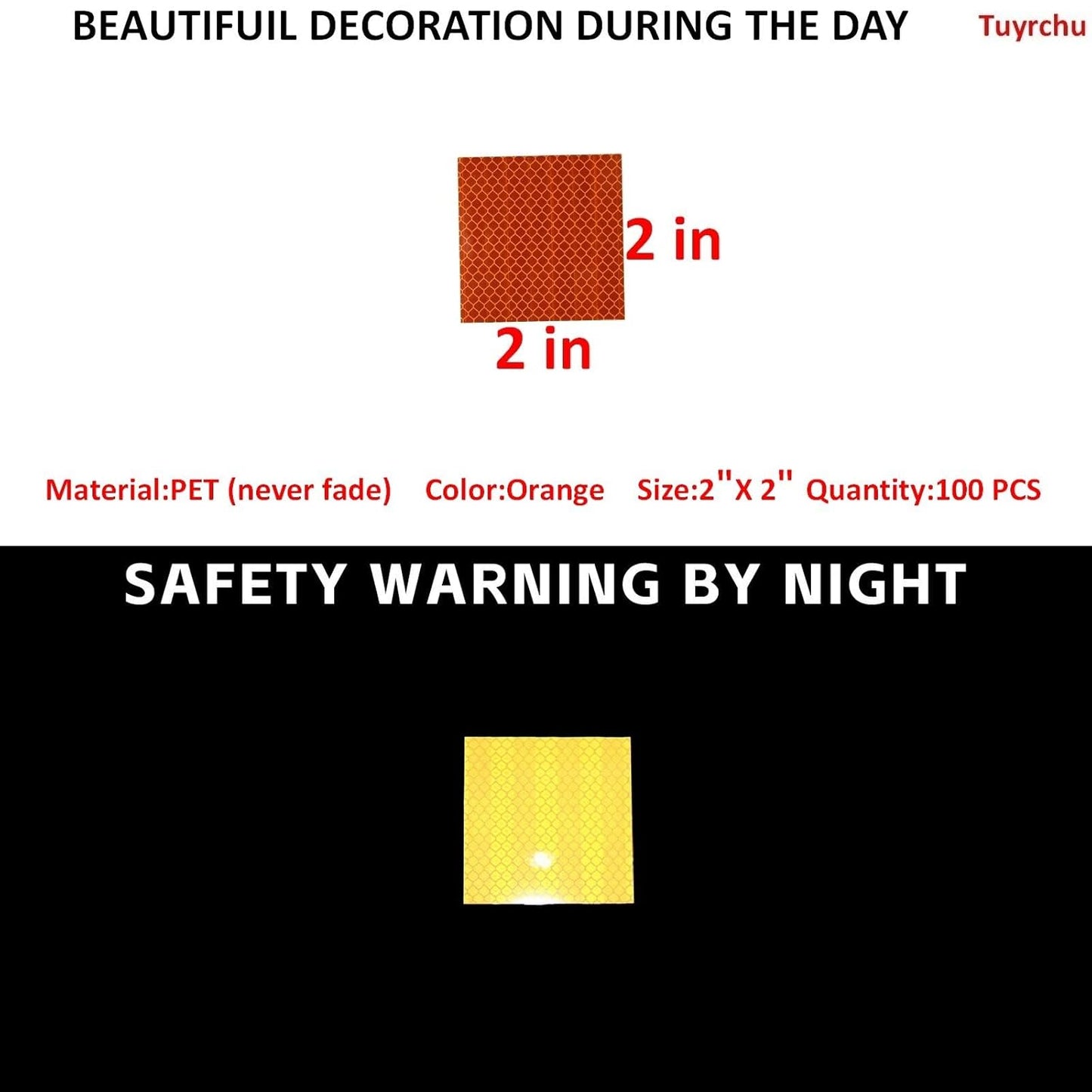 Non Fading Orange Reflective Stickers 2 inch X 2 inch, Outdoor Waterproof High Visibility Warning Safety Adhesive Reflector Tape (100 Pcs)