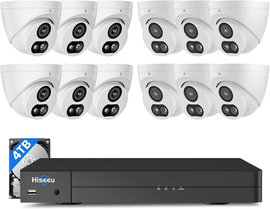 【4K HD+121°Wide View】 Hiseeu 12MP NVR 12 Pcs 4K PoE Security Cameras, 4 TB HDD for Home Surveillance Outdoor&Indoor, 2 Way Audio, Color Night Vision, Human Vehicle Detect, 7/24 Record, 0 Monthly Fee