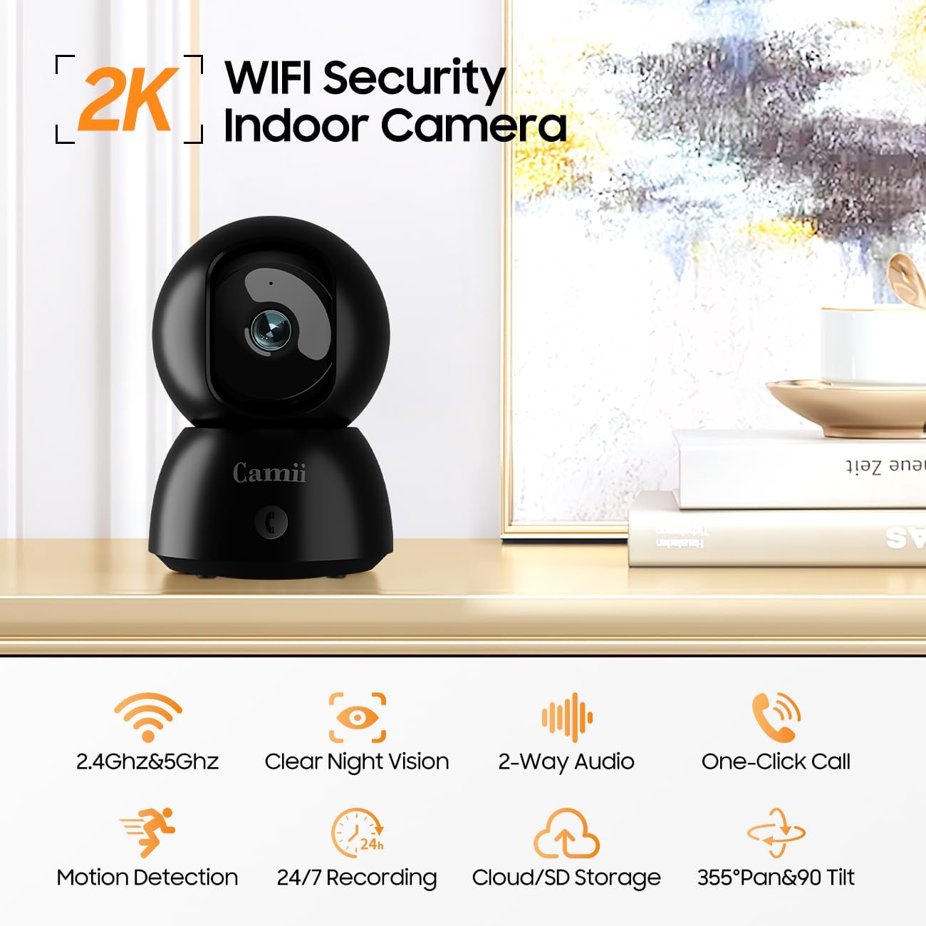 2K Security Camera Indoor, 2.4G & 5G WiFi Pet Camera for Home Security, Pet/Dog/Elder/Baby Camera with Phone App, Night Vision, Cloud/SD Card Storage, 2-Way Audio, Motion Detection, Black