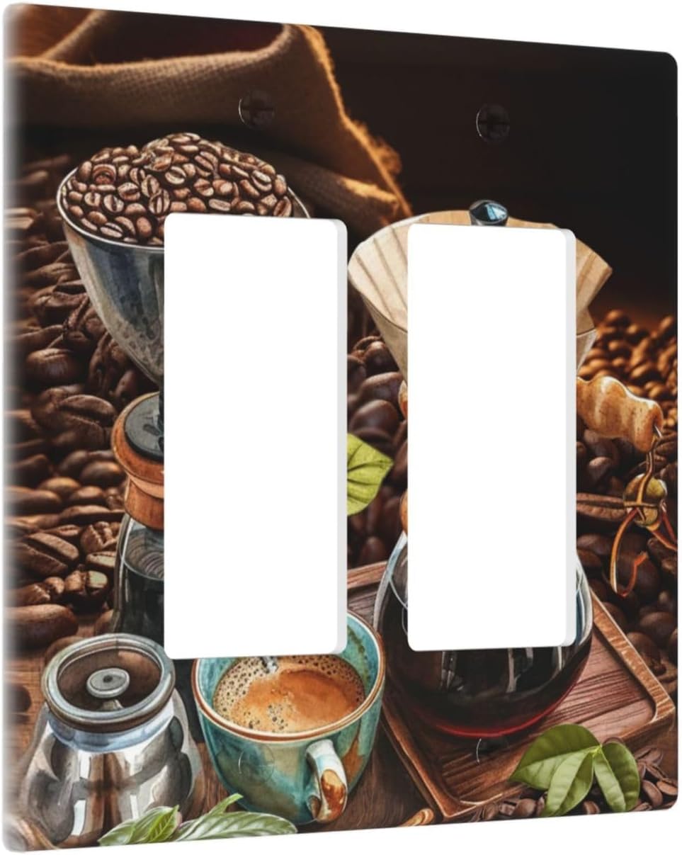 Decorative Outlet Covers Retro Coffee Maker Beans Cup 2 Gang Wall Plate Double Rocker Two Switch Wall Cover Plate Jumbo Dual GFCI Faceplate for Kirchen Home Decor
