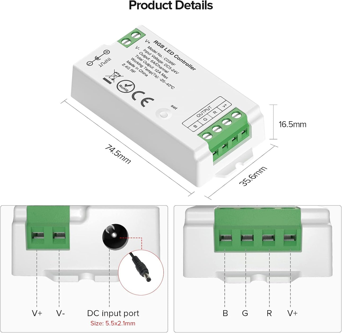 C03RF LED Controller Support PWM 5050SMD COB RGB (+ R G B) 4pin LED Strip Light Compatible with LM096 WR01RF RC03RF RF Remote DC5V/DC12V/DC24V Max 12A Indoor Use Only