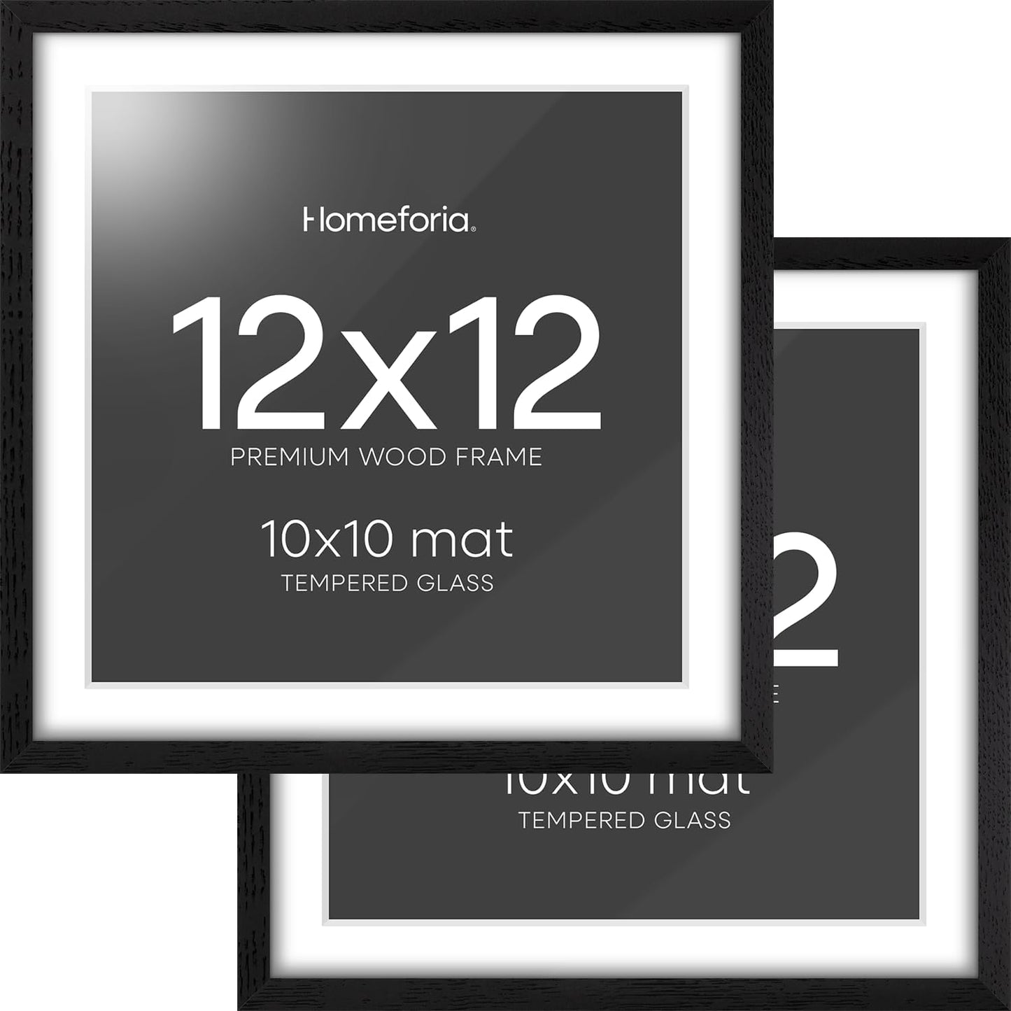 Homeforia 12x12 Black Wood Frame Matted to 10x10 Print, High End Oak 12 x 12 Square Picture Frame with Mat 10 x 10 for Photo, 12by12 Black Wooden Thin Poster Frames, Tempered Glass, Wall Kit, Set of 2