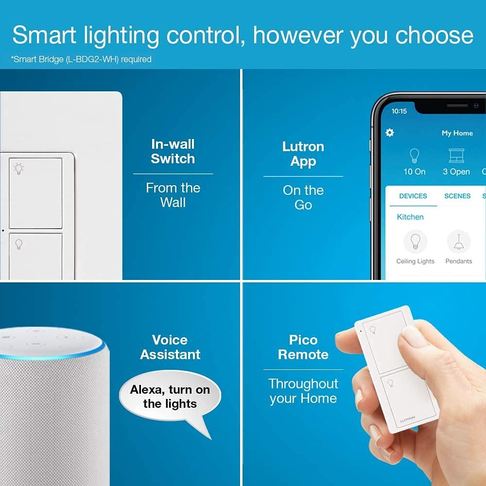 Lutron Caseta Original Smart Light Switch (Lutron Smart Hub Required), for Home, LED Lights, and Fans, 6 Amp, Single-Pole/3-Way, Neutral Required, PD-6ANS-WH 3 Pack, White