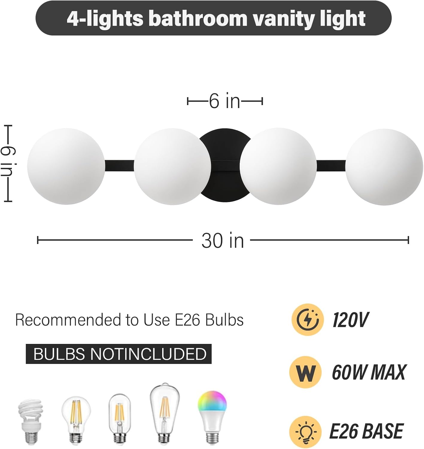 Bathroom Vanity Mirror Light Fixtures: 4 Lights Bath Wall Sconce Lighting - Black Vanity Lights with Milk Glass Shade - Modern Minimalist Makeup Light Fixture above Mirror for Hallway Bedroom E26 Base