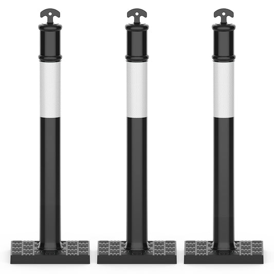 RoadHero 45 Inch Delineator Post with Rubber Base,Heavy Duty Black Traffic Delineator Posts Cones with Reflective Collars for Parking Lots, Road Safety, Construction Events 3 Pack