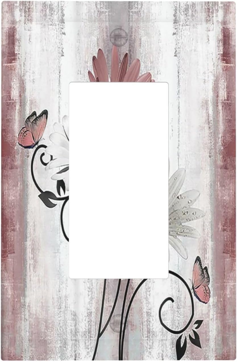 Decorative Outlet Covers Pink White Daisy Butterfly Wood Grain 1 Gang Single Rocker Light Switch Cover Plate Wall Plates GFCI Faceplate for Farmhouse Bathroom Decor